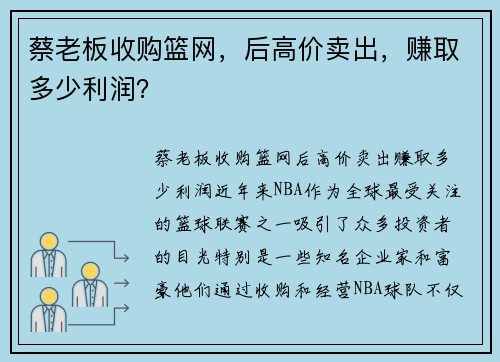 蔡老板收购篮网，后高价卖出，赚取多少利润？
