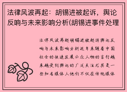 法律风波再起：胡锡进被起诉，舆论反响与未来影响分析(胡锡进事件处理结果)