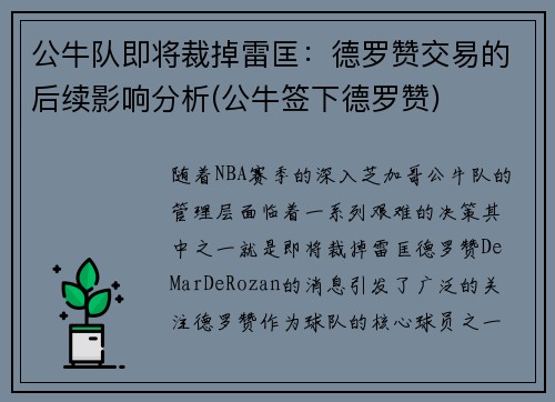 公牛队即将裁掉雷匡：德罗赞交易的后续影响分析(公牛签下德罗赞)