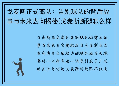 戈麦斯正式离队：告别球队的背后故事与未来去向揭秘(戈麦斯断腿怎么样了)
