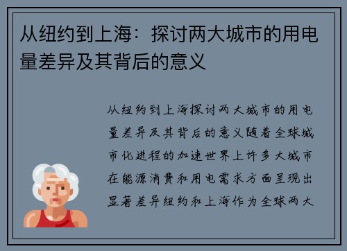 从纽约到上海：探讨两大城市的用电量差异及其背后的意义