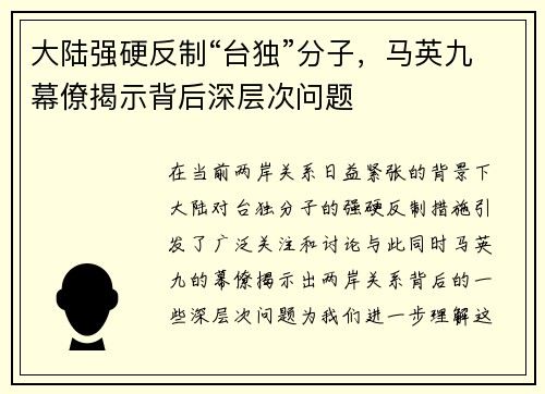 大陆强硬反制“台独”分子，马英九幕僚揭示背后深层次问题