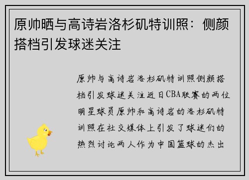 原帅晒与高诗岩洛杉矶特训照：侧颜搭档引发球迷关注